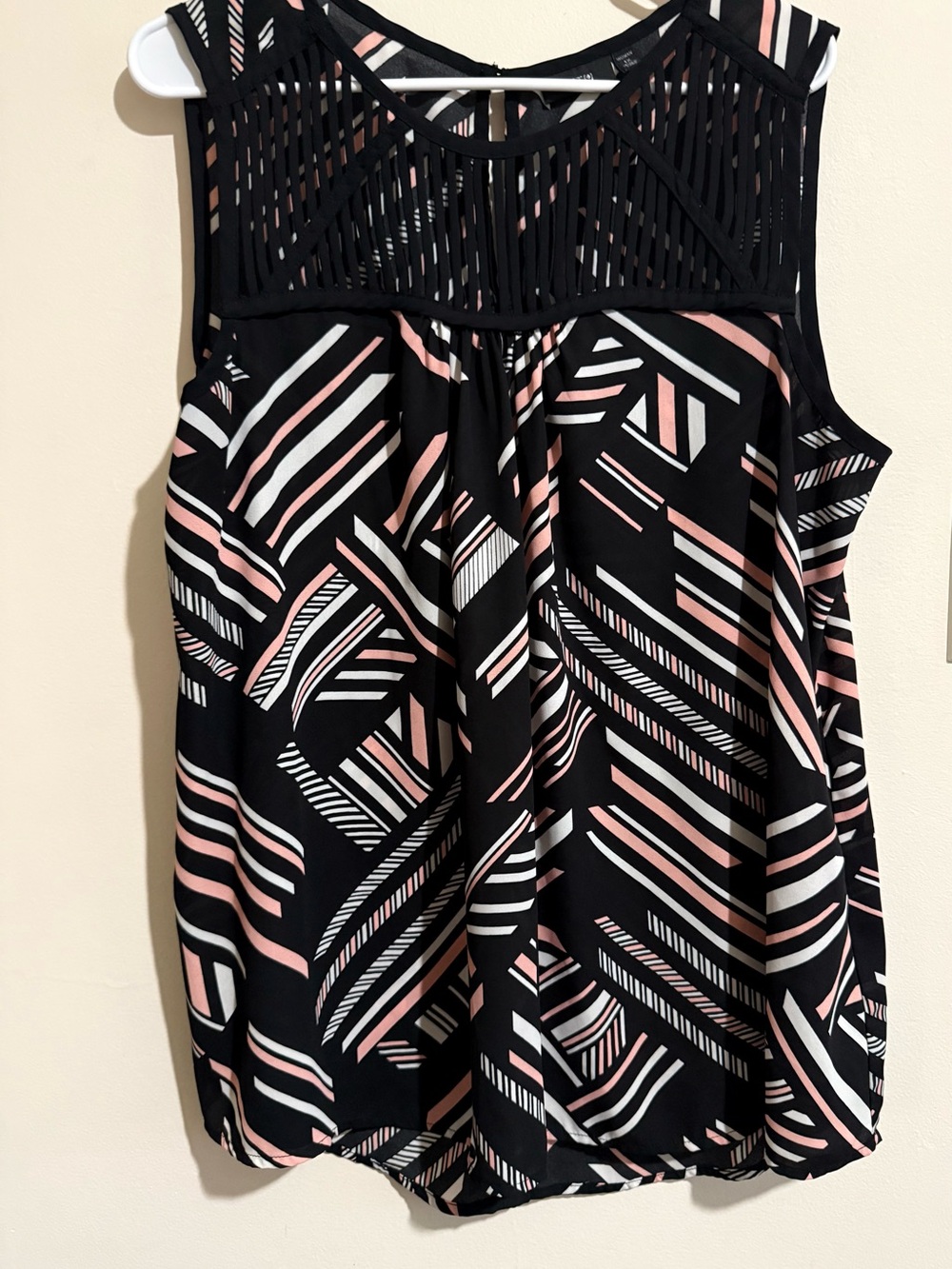 Sleeveless Black Geometric Print Top with Pink and White Accents
